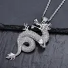 Colgante de dragón del zodíaco chino chapado en plata con hielo para hombre, collar con colgante de cobre, colgante de dragón plateado, cadena de cuerda de 24 pulgadas