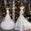 Splendidi abiti da sposa a sirena con maniche ad aletta Abiti da sposa in tulle con applicazioni di pizzo pieno Abiti da sposa da sposa con strascico lungo Custom Made BC2115