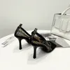 ヴィンテージスクエアトゥストレッチパンプス女性ゴールドチェーンハイヒールの靴女性エアメッシュデザイナー女性の靴送料無料