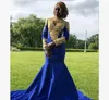 2018 azul royal vestidos de baile de sereia com apliques de ouro de cetim varrer trem manga comprida vestido formal de festa à noite vestido de gordo vestidos de noite