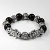 Feng Shui Lucky Plated Antique Silver Double Pixiu Bracelet Nutural Stone Obsidian Beads Bracelet For Men290p
