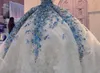 Robes bleues boule appliquées, décolleté en cœur, paillettes, dentelle, traîne chapelle, sur mesure, robe de mariée de mariage