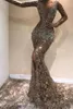 New Sexy Arabic Mermaid Prom Dresses Sheer Neck Long Sleeves Lace Crystal Beaded Sequined Side Split Sweep Train Formal Prom Evening Gowns