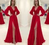 Rode prom jurk plus size lange mouwen appliques kralen sexy open rug formele vrouwen avondjurken partij lange gala jurken