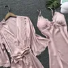 Seksi kadın bornoz setleri ikiz çırpı mini gece elbise İki parça pijama kadın uyku seti ipek gece günlüğü elbisesi setleri
