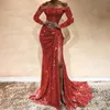 Luxury Gold Burgundy Mermaid Prom Dress Lace Appliques Sexig Slit Sequined Off Shoulder Evening Gowns Långärmade Formella Klänningar 2020