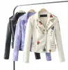 Top Women Jackets Floral Print Broderi Mjukt Läder Kvinnlig Jacka Coat Casual PU Motorcykel Punk Ytterkläder