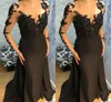 Elegancka czarna syrenka suknie wieczorowe Sheer Neck Długie Rękawy Illusion Lace Aplikacje Sweep Pociąg Formalna Dress Sukienka Party Suknie