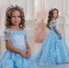 Short Sleeves Blue Flower Girl Dresses Baby Girl Pageant Dresses with Lace Overlay Skirt Ball Gown Princess First Communion Dress