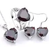 Luckyshine 3 Pcs Jóias Set clássico Vintage Set Coração vermelho do amor Garnet Gems Pingente de Prata Brinco Anel de casamento das mulheres embarques libertados