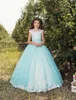 Blush Rosa Blue Blue Flower Girl Abiti gioiello Illusione Appliqued Tulle Girl Pageant Dress per la festa di nozze