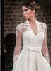 Elegant Sweetheart Satin A Line Wedding Dresses with Lace Jacket Long Sleeves V Neck Floor Length Bridal Gowns Pockets Robe De Mariage