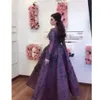 Glaring Saudiアラビアの紫色の3 dの花のイブニングドレスがフルスリーブレースアップリケフローラルウエディングガウンの床の長さのパーティードレスvestidos