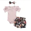 Baby Clothes Girls Solid Rompers Bowknot Denim Shorts Headband Clothing Sets Kids Jumpsuit Floral Printed Shorts Hairband Suits PY614