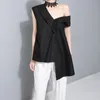 [EAM] 여성 붕대 활 비대칭 블라우스 새로운 기울기 칼라 짧은 소매 느슨한 맞춤 셔츠 패션 조류 봄 가을 2020 J4950 MX200407