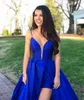 Royal Blue Side Split Backless Prom Klänningar Sheer Plunging Neck Evening Kappor Plus Storlek Taffeta En Linjeformell Klänning