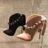 Matte Black Nude Pink Burgundy Pointed Toe Chains Strap Metal Stiletto Heels Bow tie Big Butterfly V Shape High Heel Ankle Boots