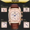 Benyar Luxury True Six-Pin Quartz Watch Classic Rectangle Case Sports Chronograph Men's Watches Rose Gold Erkek Kol Saati258G