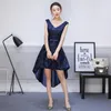 Dark Navy Hi-Lo Bridesmaid Dresses Lace V-neck Empire Waist Maid of Honor With Sash Honor Bridal Gowns