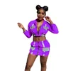 2019 Neon Color Two Piece Skirt Set Kvinnor Fickor Zipper Långärmad Crop Top och Mini Skirts Suit Sexy 2 Piece Outfits Clubwear