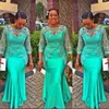 Charmiga Aso Ebi Gröna Långärmade Afton Klänningar Sheer Neck Lace Appliques Pärlor Mermaid Prom Klänningar African Plus Size Party Dress Forma