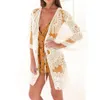 All'ingrosso-Donna in pizzo scava fuori all'uncinetto maglia floreale patchwork cardigan bikini cover up casual 3 4 manica punto aperto bianco beige