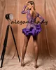Short Purple Cocktail Evening Dresses with Long Sleeve 2020 Sexy V-neck Ruffles Layered Skirt Sparkly Mini Prom Party Dress Wear