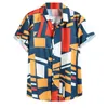 Mens Contrast Color Geometric Printed Shirt Turn Down Collar Short Sleeve Loose Men Shirts Colorful Color Block Mens Shirt