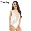 Tiaobug Kvinnor Glänsande Metallisk Mesh Backless Underkläder Ärmlös Högskuren Sexig Bodysuit Nightclub Rave Festival Dance Leotard