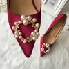 Бесплатная доставка моды Женщины насосы красный сатин жемчуг точка схождения невесты свадебные туфли на высоком каблуке из натуральной кожи реальное фото 12см 10см