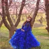 Koningsblauw lange mouwen cascading bloem meisje jurken kant applique meisjes pageant jurk eerste heilige communie feestjurken