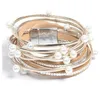 New trend multilayer pearl pu leather bracelet women set with diamond magnet buckle bracelet hot style gift