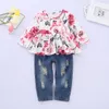 Bebek Kız Yaz Giyim Setleri O-Boyun Kısa Kollu Tam Çiçek Baskı Gömlek + Denim Pantolon Yaz Kız Casual Giyim Seti