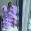 Lavendel Sexy Prom Dresses met aparte lange mouwen Hoge been splits Puffy Tulle Tiered Lush Avondjurken Party Draag vestido de Fiesta