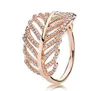 Rose Gold Glitter Light Feather Ring Dames Hollow Leaves Retro Wedding Finger Items met originele doos voor PAN W163
