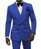 Double Breasted Blue Groom Tuxedos Sjaal Revers Mannen Business Suits Prom / Diner Party Blazer Broek Sets (jas + Broek + Strikje) W346