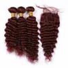 # 99J vin röd brasilianska jungfru hår väv med stängning Deep Wave Weaves Bourgogne mänskligt hår 3 buntar med spets stängning bit 4x4 "