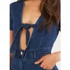 Wjustforu Sexy Vendaje Denim Jumpsuit Mujeres Moda de Verano Traje de manga corta Mujer Hollow Out Casual Body Slim Rompers