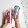 Cat Ear Flashing Double Layer Cup Cute Cartoon Creative Plastic Cups Tumbler Sequin Juice Wine Bottle With Straw Gift Cup Copa Intermitente De Doble Capa