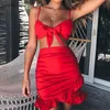 Nadafair Abito aderente a vita alta avvolgente Donna Estate Giallo Rosso Crop Top Ruffle Sexy Party Beach Minigonne increspate 2 pezzi Un set