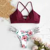 ZAFUL Braided Strap Flower Bikini Set Spaghetti Straps Wire Free Lace up Low Elastic Waisted Swim Suit Women Summer 2Pieces Sets T200325