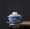 ティーカップブルーと白の中国の古代の手作りの大きい茶セットアンティークカンフーティーセットギフトLotusクレーン（カバーボウル）、コールドプラム2020