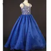 Royal Blue Organza Princess Little Girls Dress Spaghetti Lace-up Frezowanie Dżetów Party Dress First Communion Sukienki na ślub