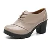 Hot Sale- Skor med tjocka klackar Oxford-skor i äkta läder Kvinna Högklackat Kvinnor Plattformspumpar Naken snörning Klackar Casual Chunky High Heels