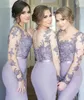 Lilac Mermaid Bridesmaid Dresses Long Illusion Sleeves Sheer Neck Covered Buttons Chiffon Lace Applique Custom Made 2019 Maid of Honor Gown