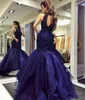 Stunning Shiny Dark Navy Mermaid Evening Dresses 2019 Keyhole Neck Sequins Beaded Sexy Open Back Tulle Long Prom Dresses Vestidos 250E