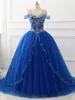 Blue Spaghetti Paski Balowa Suknia Balowa Prom Dress Princess Zroszony Puffy Tulle Quinceanera Suknie Lace Up Elegant Sweet 16 Dresses 2019 Plus Size