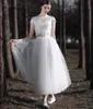 Deux pièces dentelle tulle robes de mariée courtes avec mancherons col bijou A-ligne robes de mariée informelles modernes sur mesure petite robe blanche