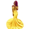 Yellow Mermaid Black Girls Prom Dresses Long With Sleeves High Neck Off The Shoulder Floral Embroidered Evening Gowns Special Occasion Dress