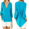 Kadın Şifon Bluz Gömlek Sonbahar Şık V Yaka Uzun Kollu Kadın Rahat Düz Renk Artı Boyutu Giyim